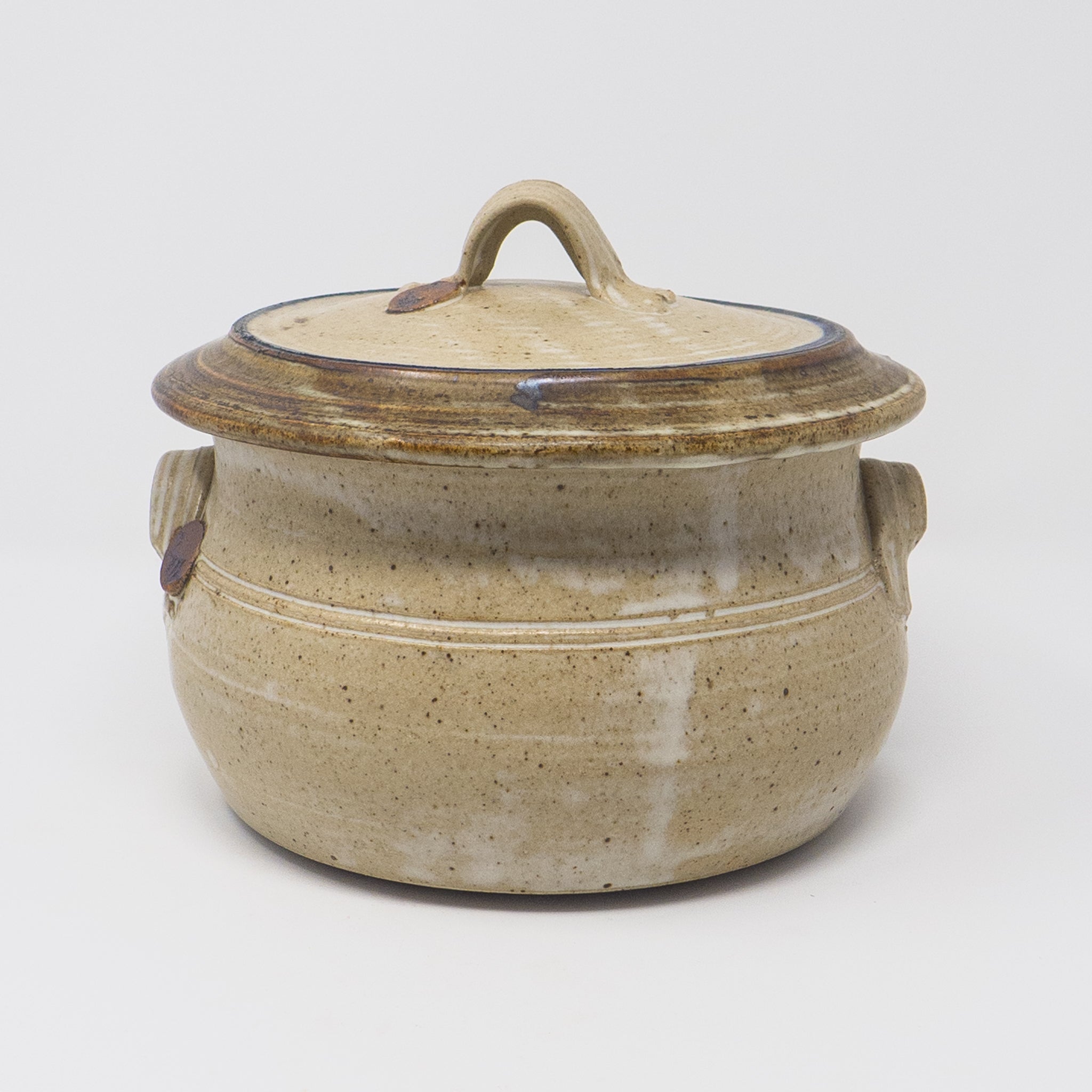 Lidded Pottery Casserole Dish With Twisted Strap Handle 